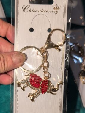 Gold Elephant Keychain with Red And Pink Crystal Accents By Chloe Accessories